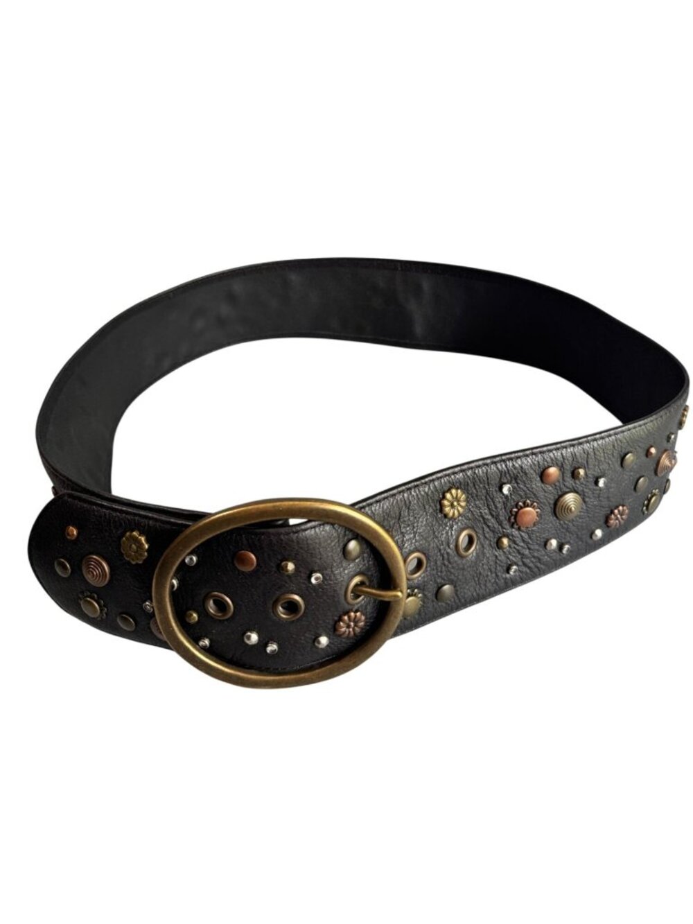 Wide Black Genuine Leather Studded Belt Boho Western Mixed Metal M 40" - Picture 4 of 7